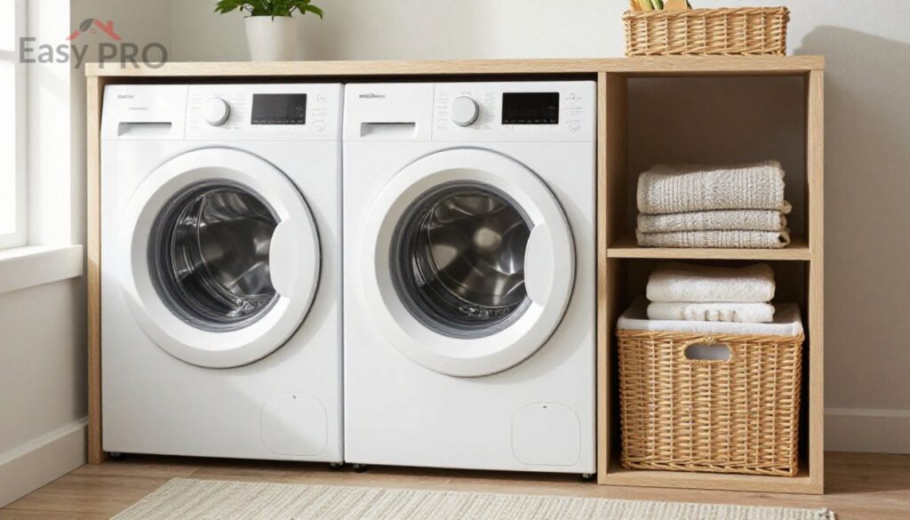 Functional Storage and Organization in Stackable Washer and Dryer Laundry Rooms